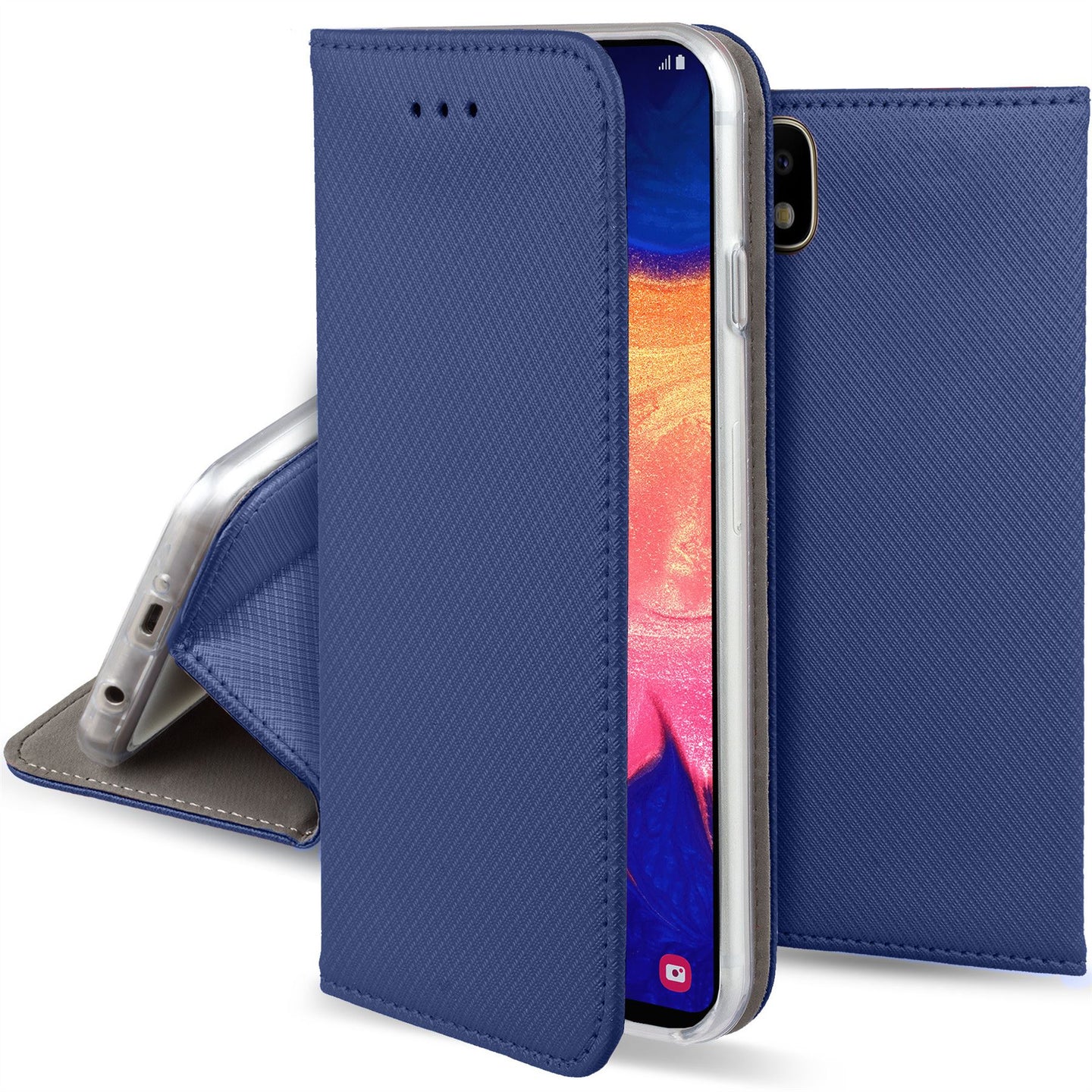 Moozy Case Flip Cover for Samsung A10, Dark Blue - Smart Magnetic Flip Case with Card Holder and Stand