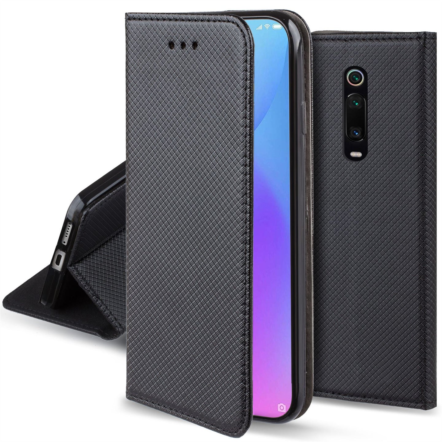 Moozy Case Flip Cover for Xiaomi Mi 9T, Xiaomi Mi 9T Pro, Redmi K20, Black - Smart Magnetic Flip Case with Card Holder and Stand
