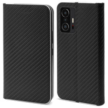 Carica l&#39;immagine nel visualizzatore di Gallery, Moozy Wallet Case for Xiaomi 11T and 11T Pro, Black Carbon - Flip Case with Metallic Border Design Magnetic Closure Flip Cover with Card Holder and Kickstand Function
