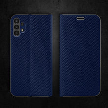 Załaduj obraz do przeglądarki galerii, Moozy Wallet Case for Samsung A13, Dark Blue Carbon - Flip Case with Metallic Border Design Magnetic Closure Flip Cover with Card Holder and Kickstand Function
