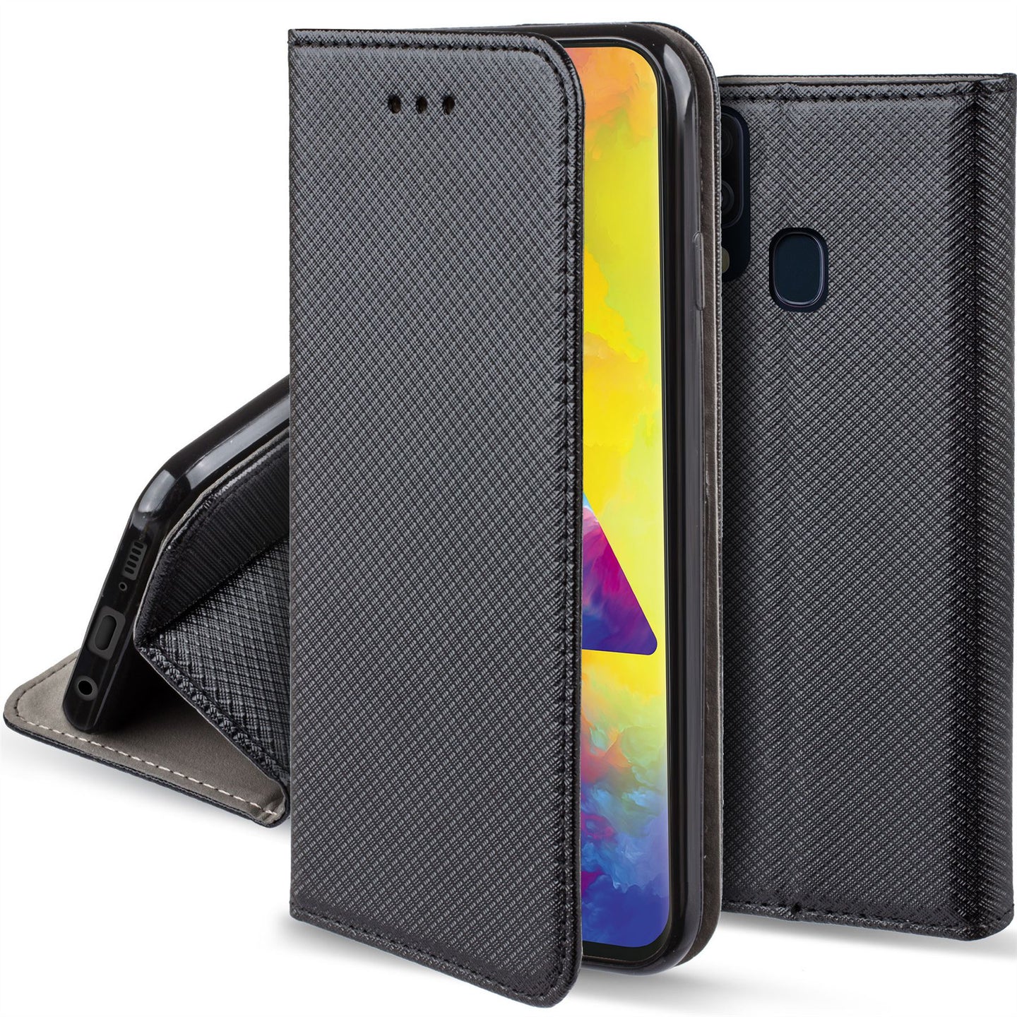 Moozy Case Flip Cover for Samsung M20, Black - Smart Magnetic Flip Case with Card Holder and Stand