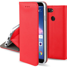 Cargar imagen en el visor de la galería, Moozy Case Flip Cover for Huawei P Smart, Red - Smart Magnetic Flip Case with Card Holder and Stand
