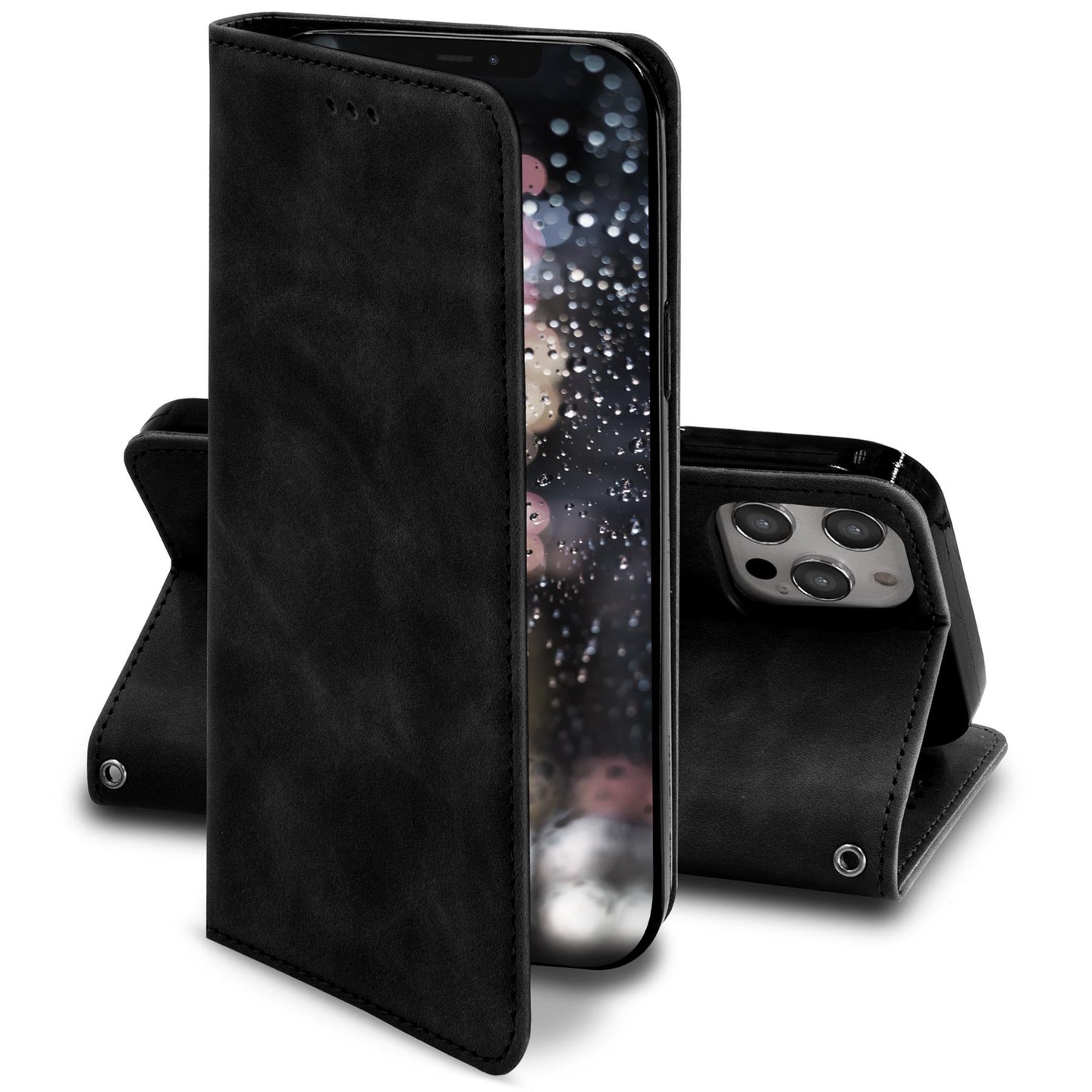 Moozy Marble Black Flip Case for iPhone 12, iPhone 12 Pro - Flip Cover Magnetic Flip Folio Retro Wallet Case