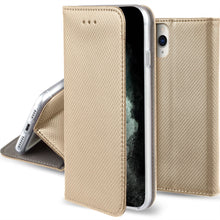 Cargar imagen en el visor de la galería, Moozy Case Flip Cover for iPhone 11 Pro Max, Gold - Smart Magnetic Flip Case with Card Holder and Stand
