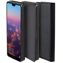 Charger l&#39;image dans la galerie, Moozy Case Flip Cover for Huawei P20 Pro, Black - Smart Magnetic Flip Case with Card Holder and Stand
