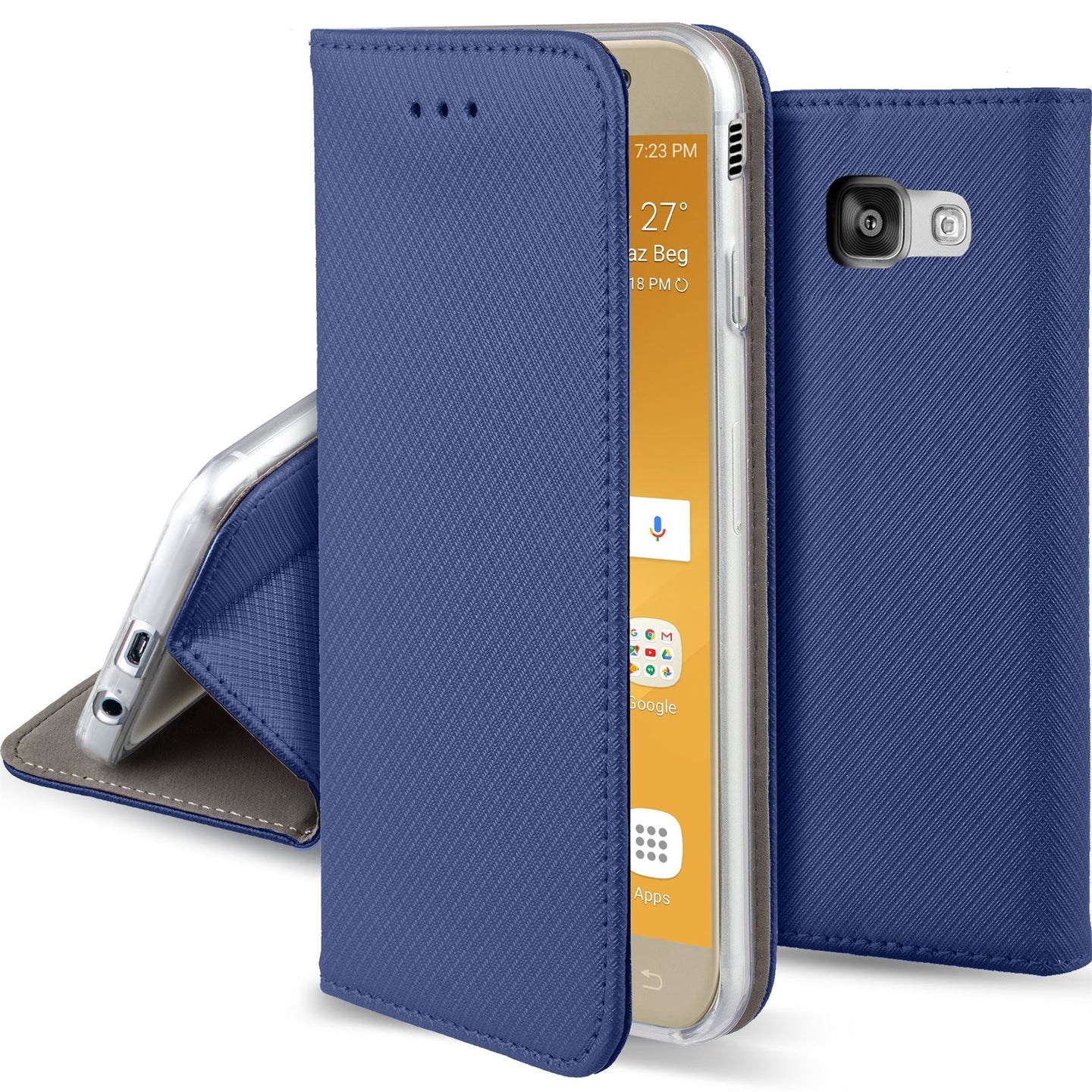 Moozy Case Flip Cover for Samsung A5 2017, Dark Blue - Smart Magnetic Flip Case with Card Holder and Stand