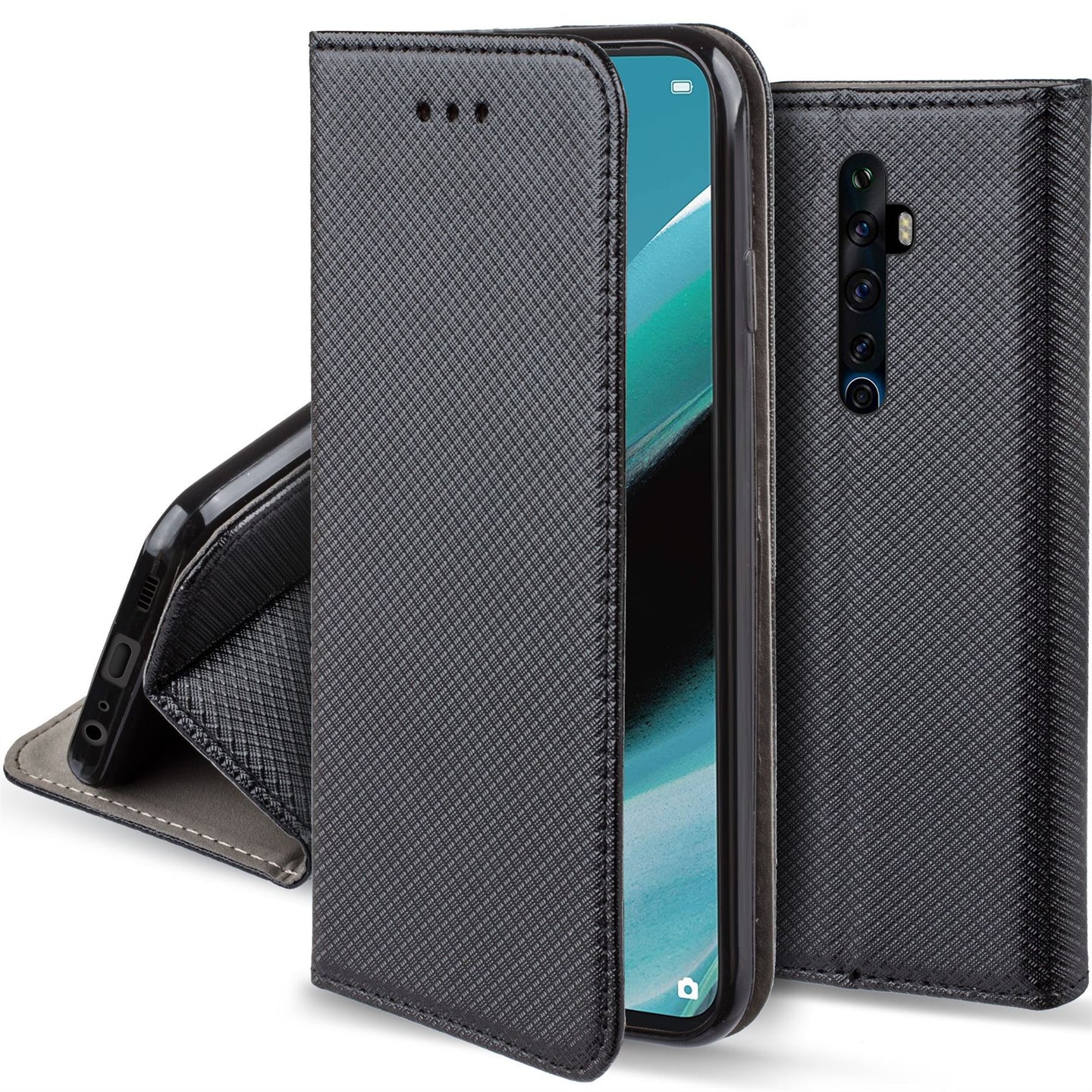 Moozy Case Flip Cover for Oppo Reno2 Z, Black - Smart Magnetic Flip Case with Card Holder and Stand