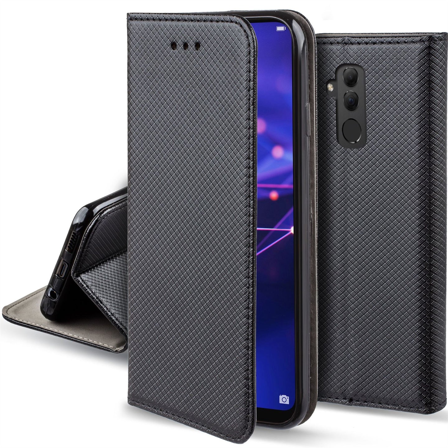 Moozy Case Flip Cover for Huawei Mate 20 Lite, Black - Smart Magnetic Flip Case with Card Holder and Stand