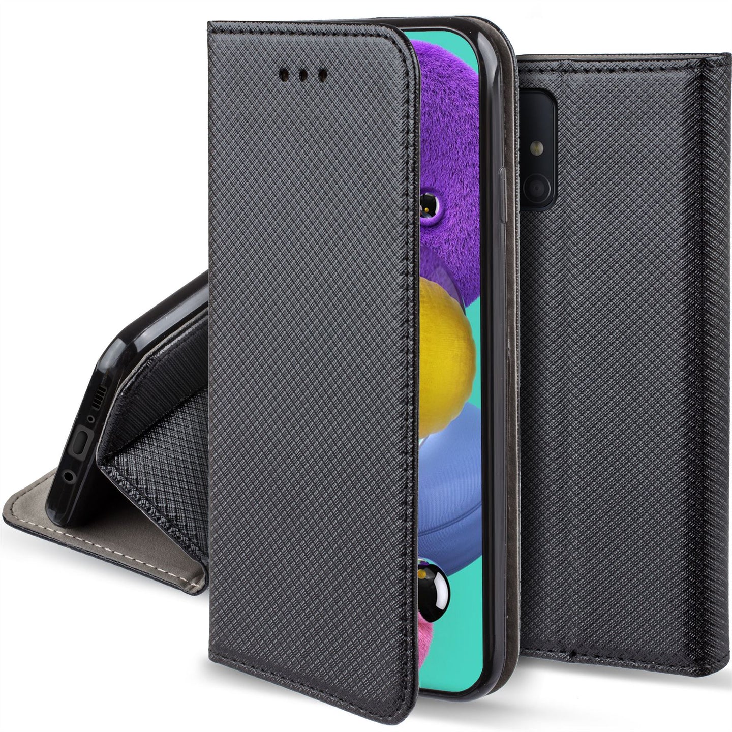 Moozy Case Flip Cover for Samsung A51, Black - Smart Magnetic Flip Case with Card Holder and Stand