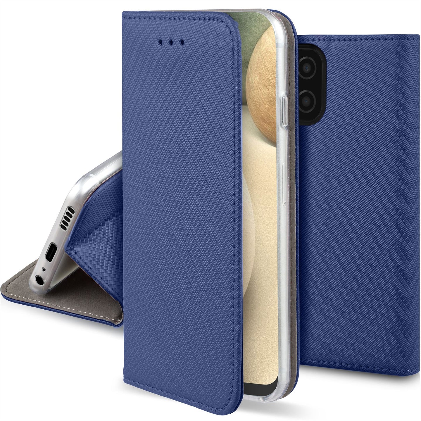 Moozy Case Flip Cover for Samsung A12, Dark Blue - Smart Magnetic Flip Case with Card Holder and Stand