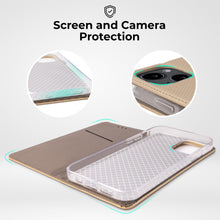 Carica l&#39;immagine nel visualizzatore di Gallery, Moozy Case Flip Cover for iPhone 14, Gold - Smart Magnetic Flip Case Flip Folio Wallet Case with Card Holder and Stand, Credit Card Slots, Kickstand Function
