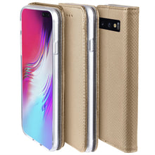 Carica l&#39;immagine nel visualizzatore di Gallery, Moozy Case Flip Cover for Samsung S10, Gold - Smart Magnetic Flip Case with Card Holder and Stand
