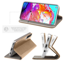 Charger l&#39;image dans la galerie, Moozy Case Flip Cover for Samsung A70, Gold - Smart Magnetic Flip Case with Card Holder and Stand
