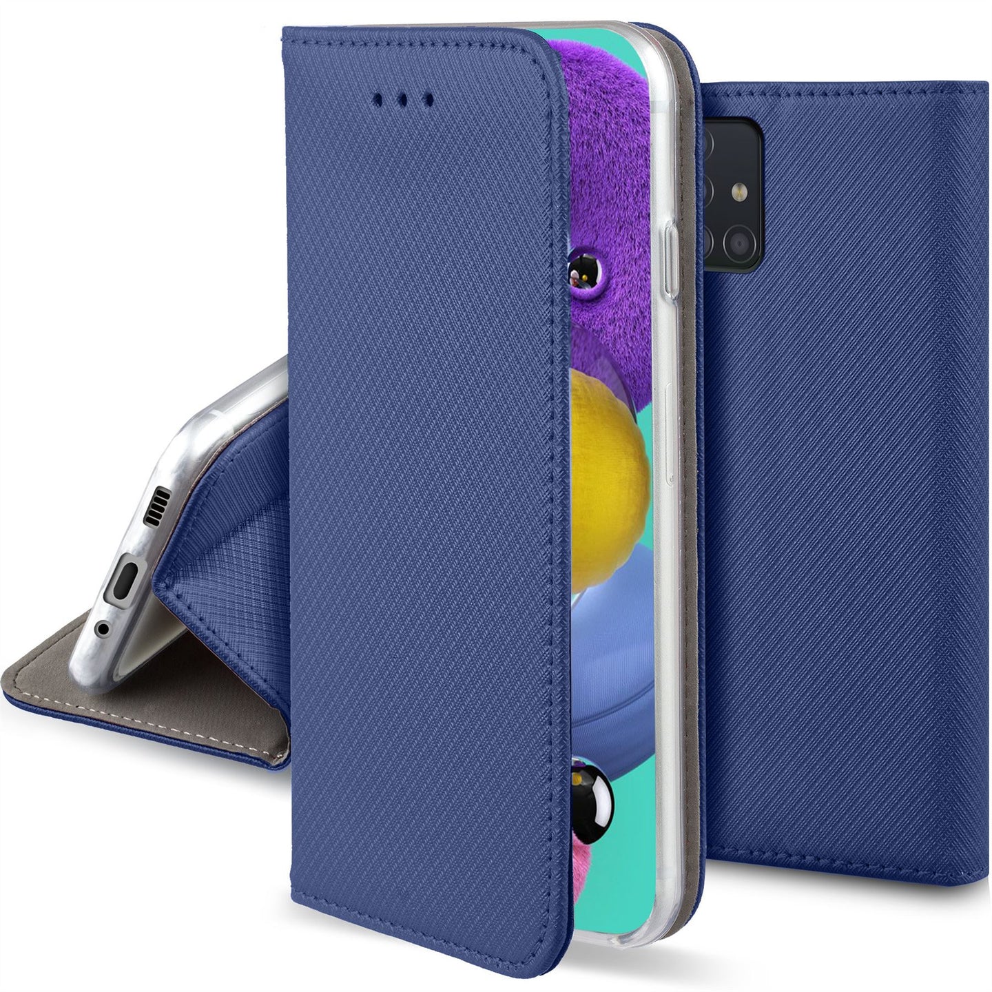 Moozy Case Flip Cover for Samsung A51, Dark Blue - Smart Magnetic Flip Case with Card Holder and Stand