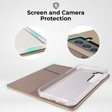 Lade das Bild in den Galerie-Viewer, Moozy Case Flip Cover for Samsung S21 FE, Gold - Smart Magnetic Flip Case Flip Folio Wallet Case with Card Holder and Stand, Credit Card Slots, Kickstand Function
