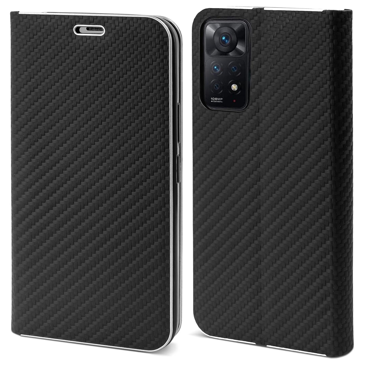 Moozy Wallet Case for Xiaomi Redmi Note 11 Pro 5G and 4G, Black Carbon - Flip Case with Metallic Border Design Magnetic Closure Flip Cover with Card Holder and Kickstand Function