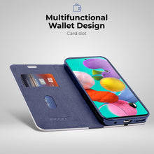 Cargar imagen en el visor de la galería, Moozy Wallet Case for Samsung A51, Dark Blue Carbon – Metallic Edge Protection Magnetic Closure Flip Cover with Card Holder
