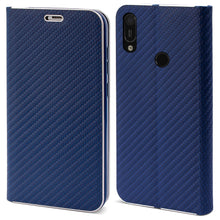 Cargar imagen en el visor de la galería, Moozy Wallet Case for Huawei Y6 2019, Dark Blue Carbon – Metallic Edge Protection Magnetic Closure Flip Cover with Card Holder
