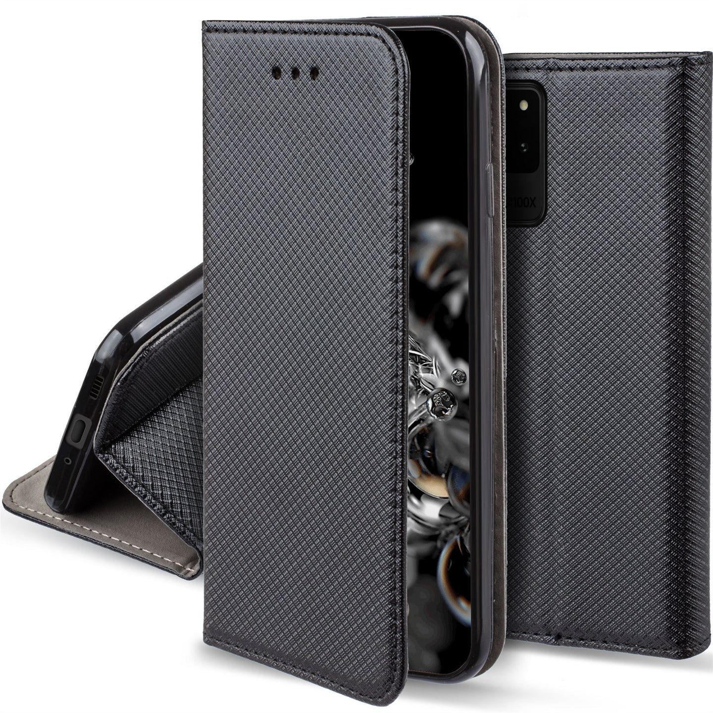 Moozy Case Flip Cover for Samsung S20 Ultra, Black - Smart Magnetic Flip Case with Card Holder and Stand