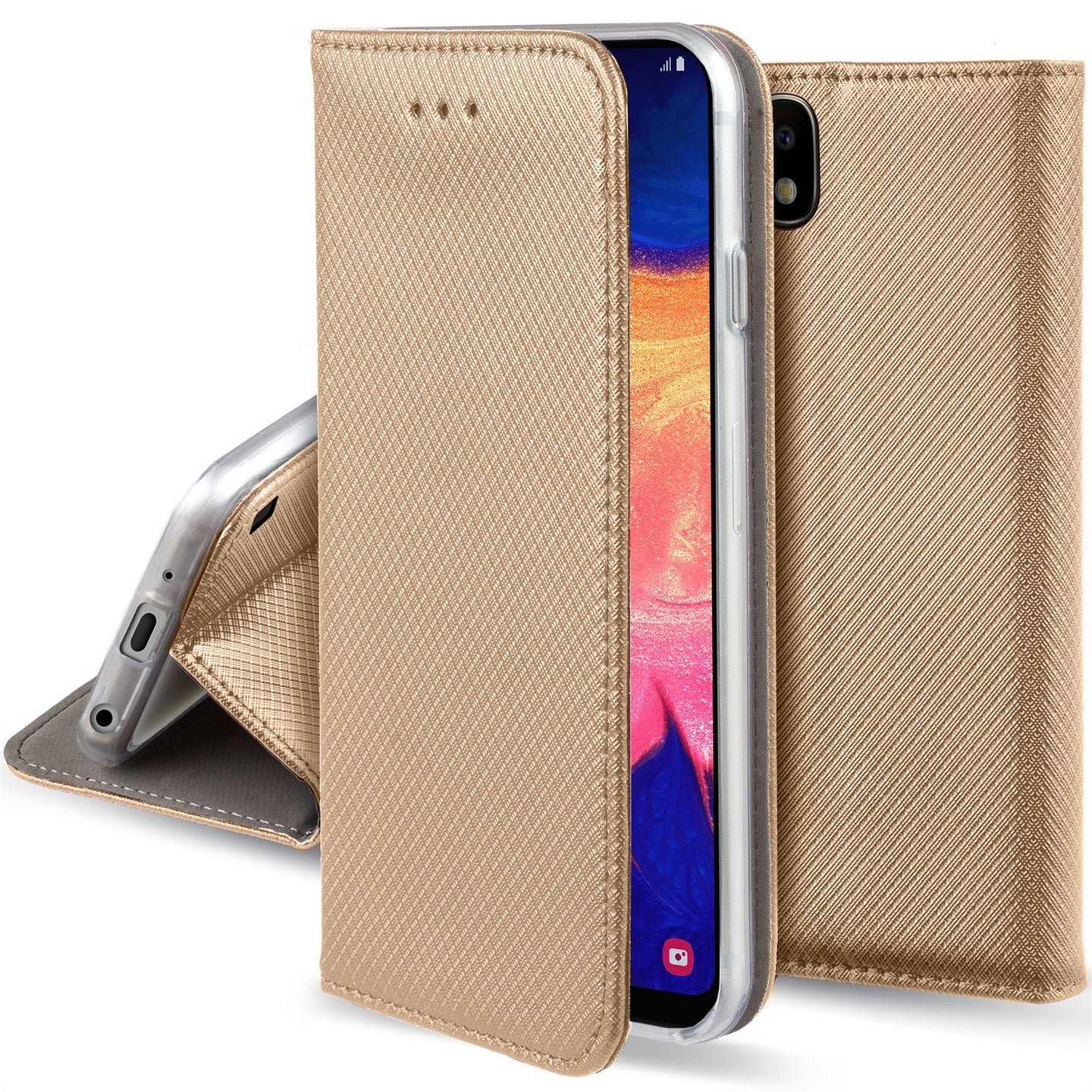 Moozy Case Flip Cover for Samsung A10, Gold - Smart Magnetic Flip Case with Card Holder and Stand