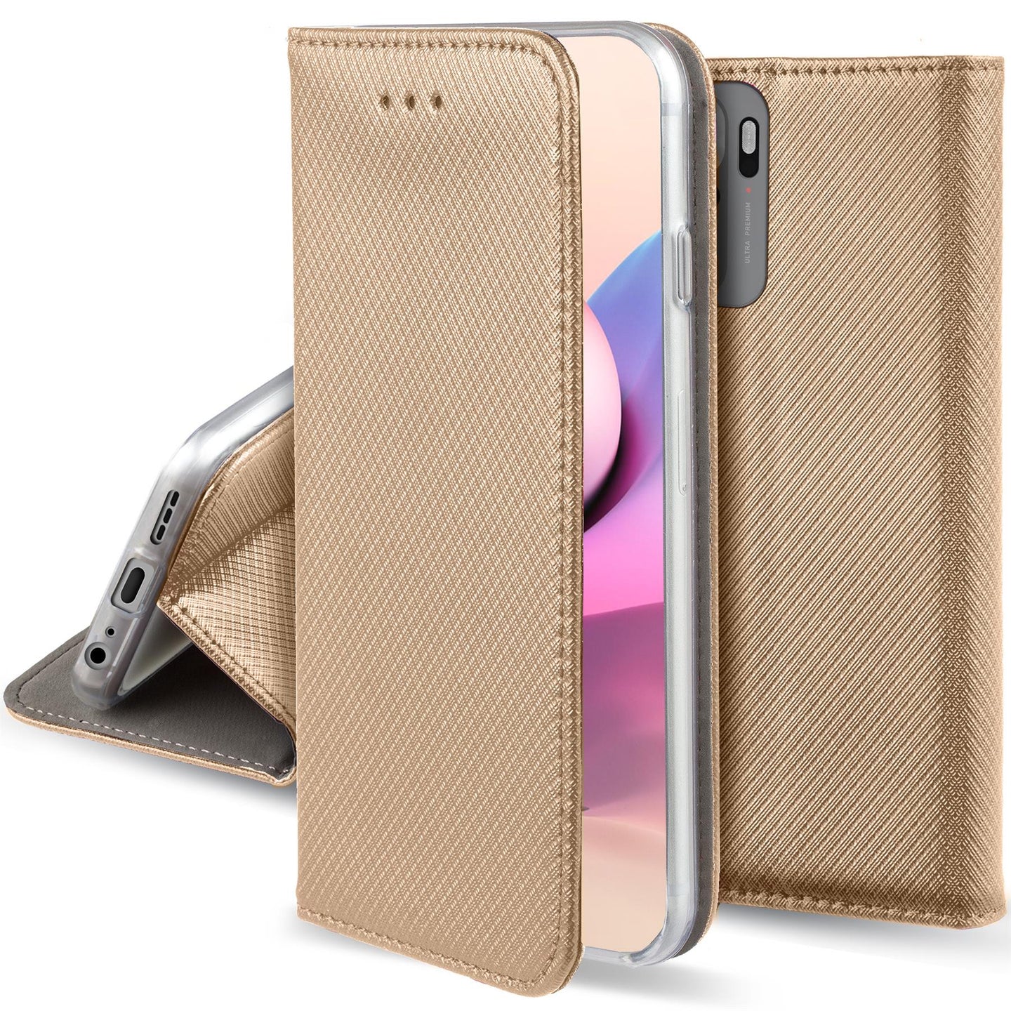 Moozy Case Flip Cover for Xiaomi Redmi Note 10 and Redmi Note 10S, Gold - Smart Magnetic Flip Case Flip Folio Wallet Case