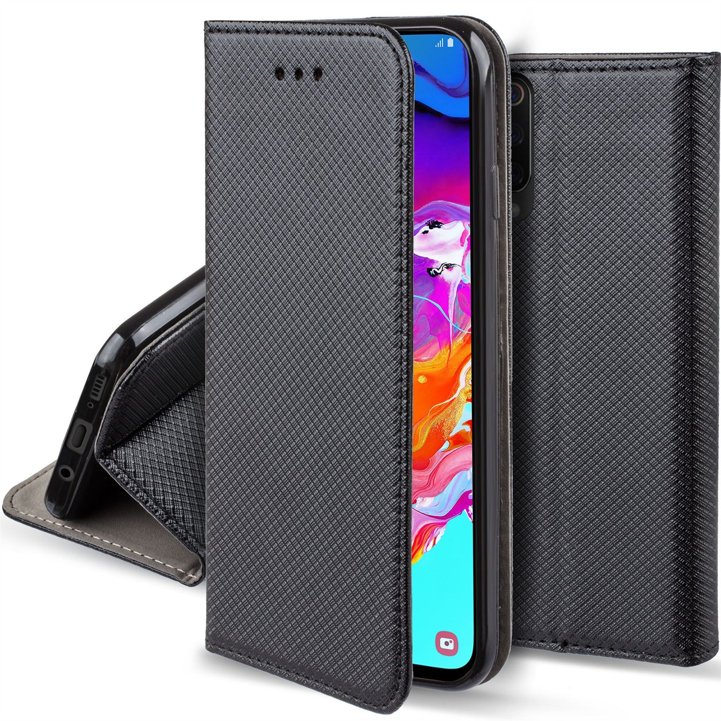 Moozy Case Flip Cover for Samsung A70, Black - Smart Magnetic Flip Case with Card Holder and Stand