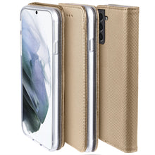 Load image into Gallery viewer, Moozy Case Flip Cover for Samsung S21 5G, Samsung S21, Gold - Smart Magnetic Flip Case with Card Holder and Stand
