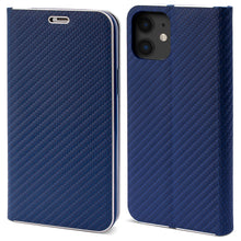 Cargar imagen en el visor de la galería, Moozy Wallet Case for iPhone 12, iPhone 12 Pro, Dark Blue Carbon – Metallic Edge Protection Magnetic Closure Flip Cover with Card Holder
