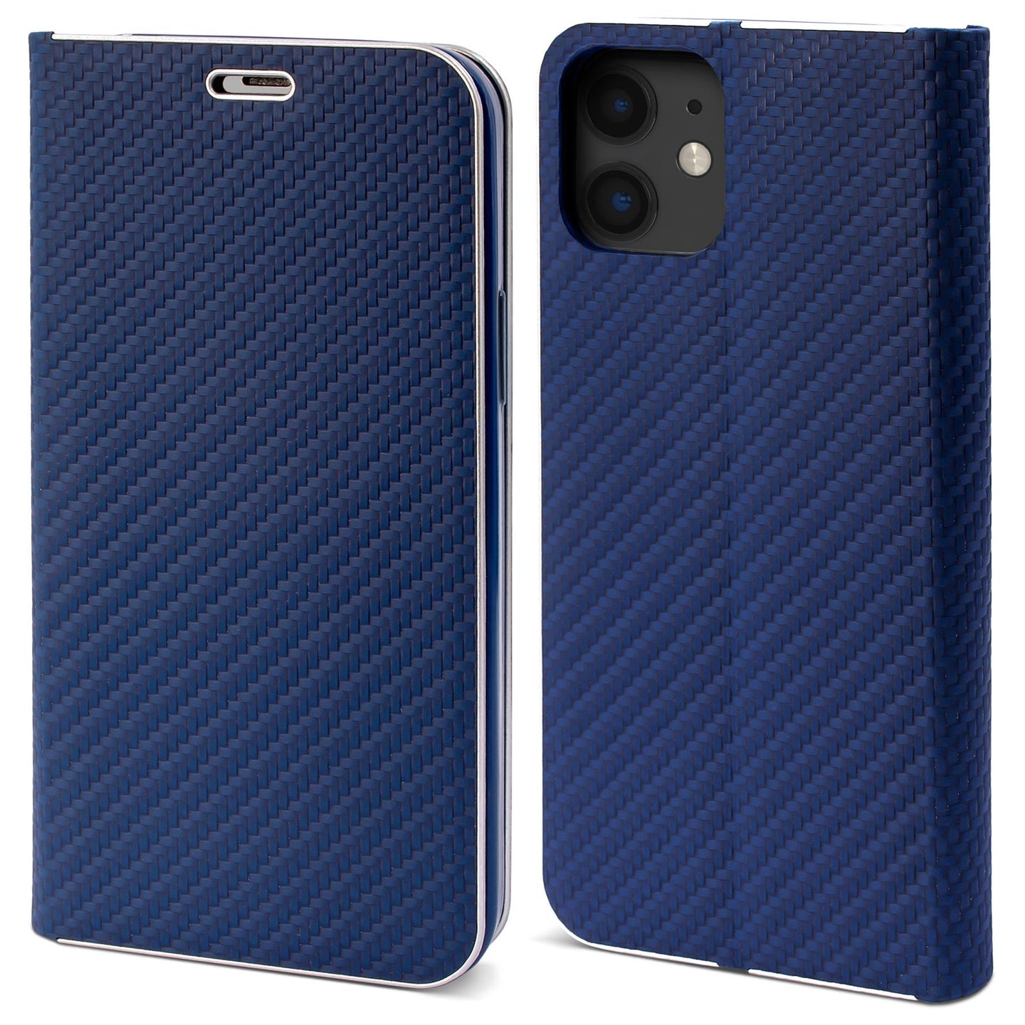 Moozy Wallet Case for iPhone 12, iPhone 12 Pro, Dark Blue Carbon – Metallic Edge Protection Magnetic Closure Flip Cover with Card Holder