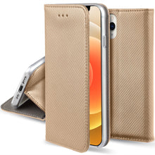 Załaduj obraz do przeglądarki galerii, Moozy Case Flip Cover for iPhone 12 Pro Max, Gold - Smart Magnetic Flip Case with Card Holder and Stand
