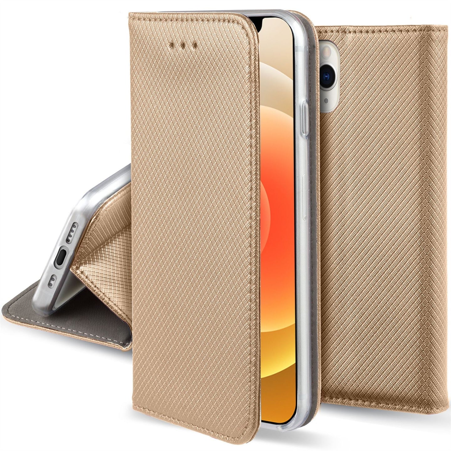 Moozy Case Flip Cover for iPhone 12 Pro Max, Gold - Smart Magnetic Flip Case with Card Holder and Stand