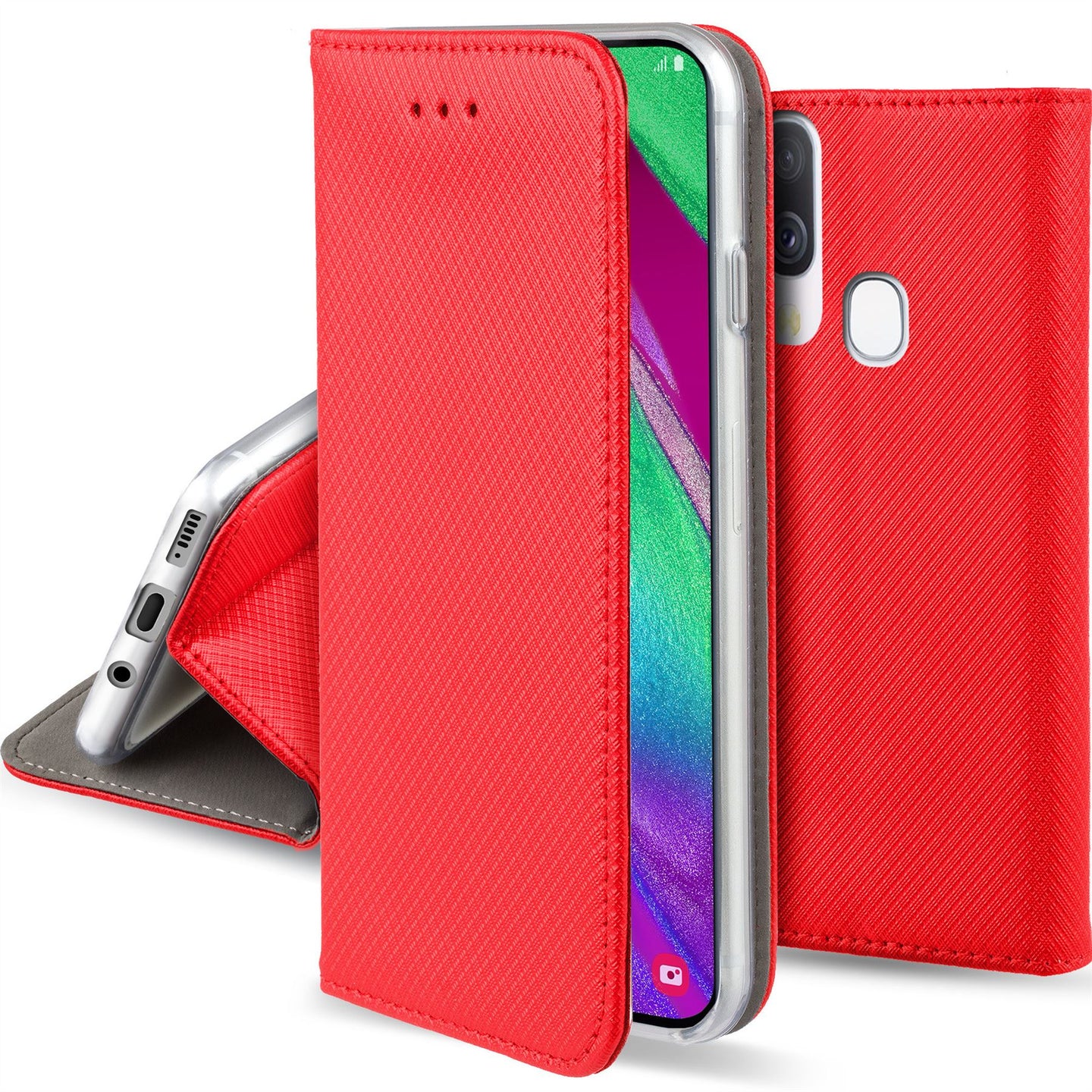 Moozy Case Flip Cover for Samsung A40, Red - Smart Magnetic Flip Case with Card Holder and Stand